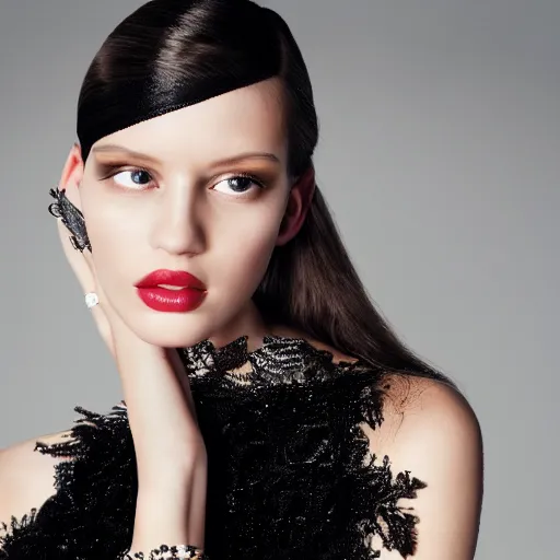 Image similar to close up of face of a fashion model in luxury black dress, black background, official valentino editorial, highly detailed