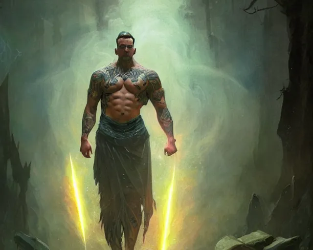 Prompt: handsome tattooed gym bro wizard lightning magic spell vfx, diagonal spell vfx, fantasy game spell, fantasy epic digital art, by greg rutkowski, gaston bussiere, craig mullins, j. c. leyendecker, tom of finland