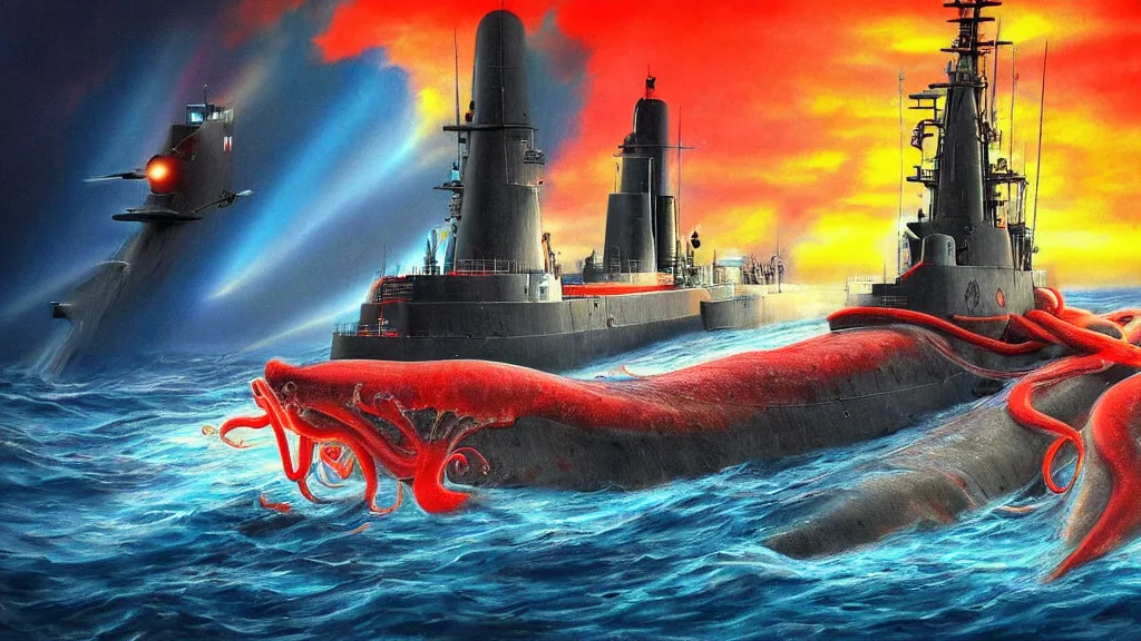 Prompt: nuclear submarine and giant squid, vivid colors, colorful, high dynamic range, hdr, artstation