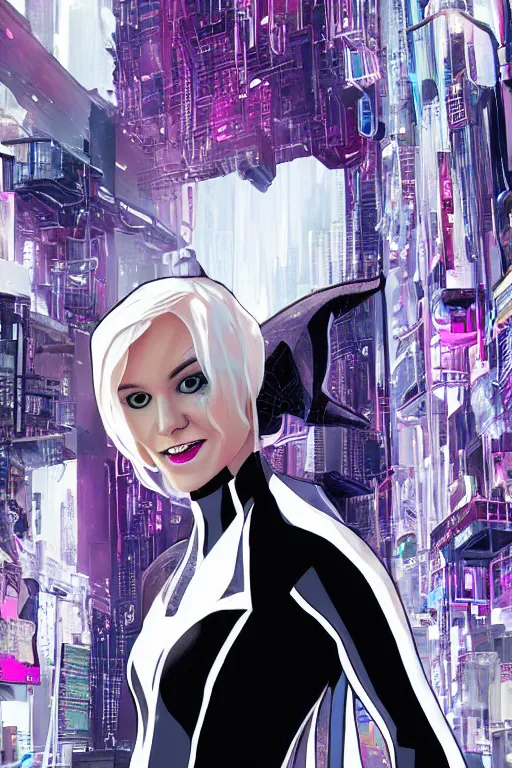Prompt: a portrait of spider gwen in the style of cyberpunk,, single head, no double head,