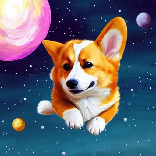 Prompt: an adorable corgi floating in outer space, beautiful detailed digital painting