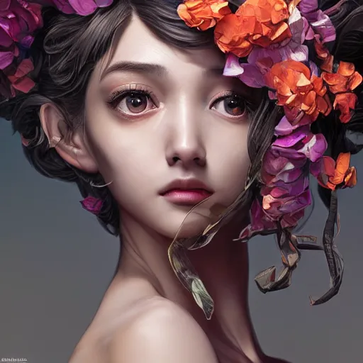 Prompt: the portrait of an absurdly beautiful, graceful, elegant, young gravure idol made of petals looking up, an ultrafine detailed illustration by kim jung gi, irakli nadar, intricate linework, bright colors, octopath traveler, final fantasy, angular, unreal engine 5 highly rendered, global illumination, radiant light, detailed and intricate environment