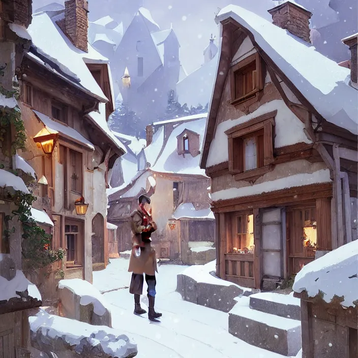 Image similar to french rural town, winter, in the style of studio ghibli, j. c. leyendecker, greg rutkowski, artem