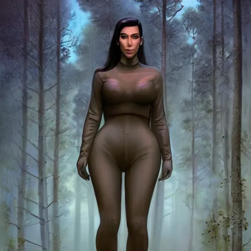 Image similar to kim kardashian as a cop wearing a police uniform, full body portrait, emotion scared, night time forest with a ufo sitting in the fog, pretty, aesthetic, dust molecules, matte detailed photo, DeviantArt, Artstation, by donato giancola, ralph horley, loish, ufo lighting