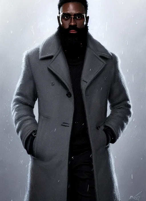 Image similar to portrait of handsome black man wearing grey peacoat, luxury townhome interior, beard, wealth and luxury, elegant atmosphere, glowing lights, highly detailed, digital painting, artstation, concept art, smooth, sharp focus, illustration, art by wlop, mars ravelo and greg rutkowski