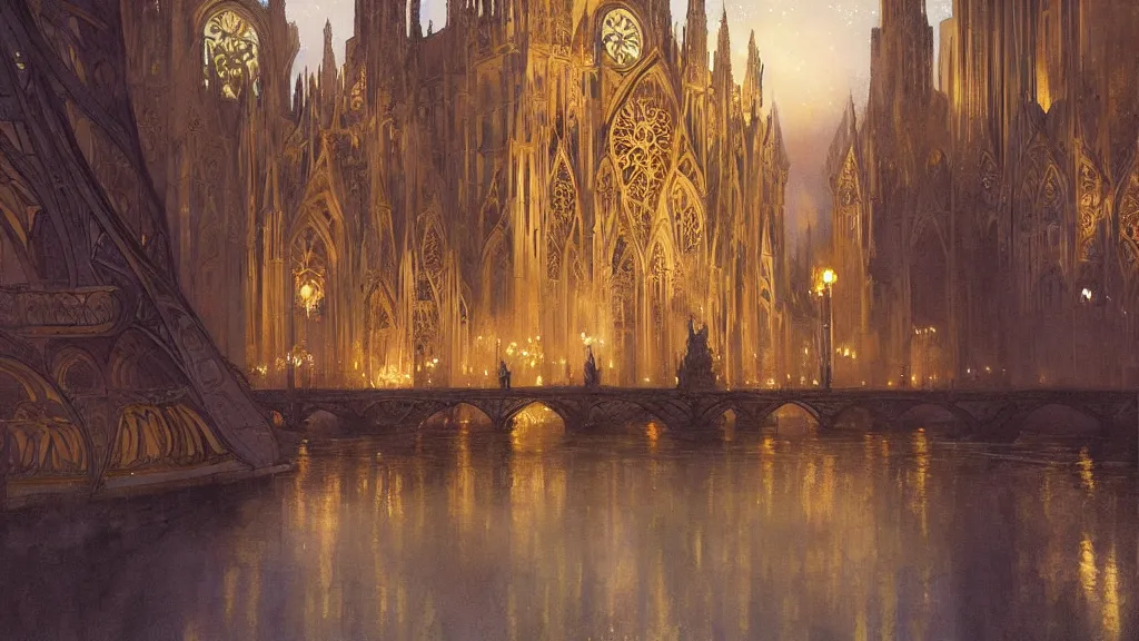 Image similar to a beautiful painting of the view from the river of a cathedral with beautiful, symmetric curving art nouveau architecture, at night with a sky full of stars, intricate, elegant, highly detailed, digital painting, artstation, concept art, by krenz cushart and artem demura and alphonse mucha