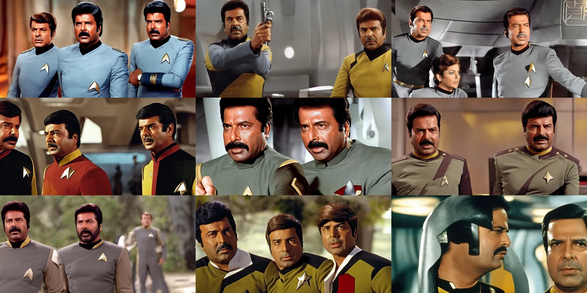 Prompt: mammootty, in Starfleet uniform, in the role of Captain Kirk in a scene from Star Trek the original series