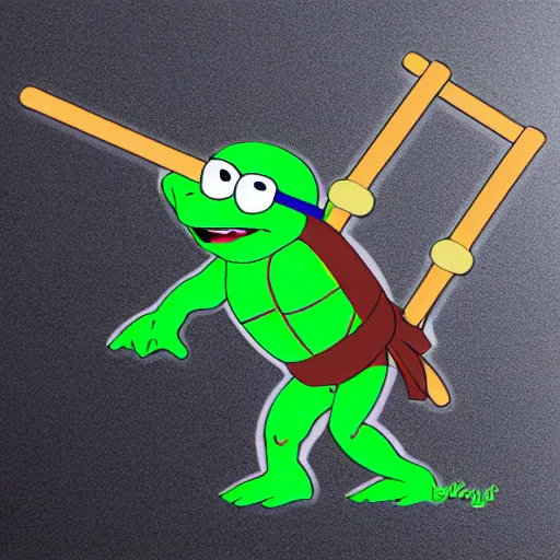 Prompt: svg sticker art of a teenage-mutant-ninja-turtle, flying towards the camera armed with nun-chucks
