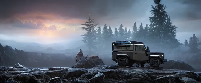 Image similar to Land Rover Defender 110 (1985), an epic fantasy, dramatic lighting, cinematic, establishing shot, extremely high detail, photorealistic, cinematic lighting, artstation, by simon stalenhag, The Elder Scrolls V: Skyrim, Whiterun Hold, Dragonsreach in the distance, Battle for Whiterun, Stormcloaks vs Imperials, Swarms of Stormcloaks and Imperials fighting eachother, Skyrim Civil War