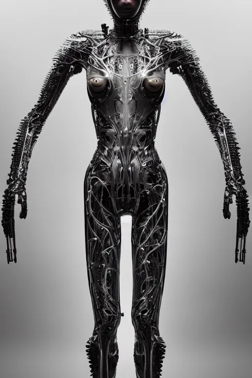 Image similar to iris van herpen, perfect symmetrical body, helmet on face, full body shot, inflateble shapes, wires, tubes, veins, jellyfish, white biomechanical details, wearing epic bionic cyborg implants, masterpiece, intricate, biopunk, vogue, highly detailed, artstation, concept art, cyberpunk, octane render