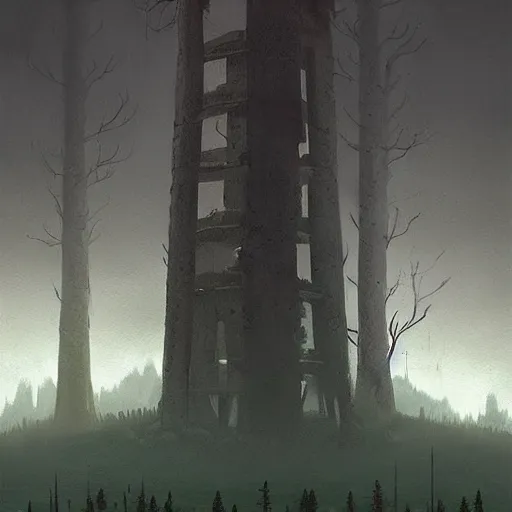 Image similar to Monumental old ruins tower of a dark misty forest, overcast, sci-fi digital painting by Simon Stålenhag