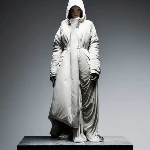 Image similar to well lit fashion shoot portrait of extremely beautiful female marble statue wearing huge over size puffer jacket by dingyun zhang, yeezy, balenciaga, vetements, a cold wall, sharp focus, clear, detailed,, cinematic, detailed, off white, glamourous, symmetrical, vogue, editorial, fashion, magazine shoot, glossy