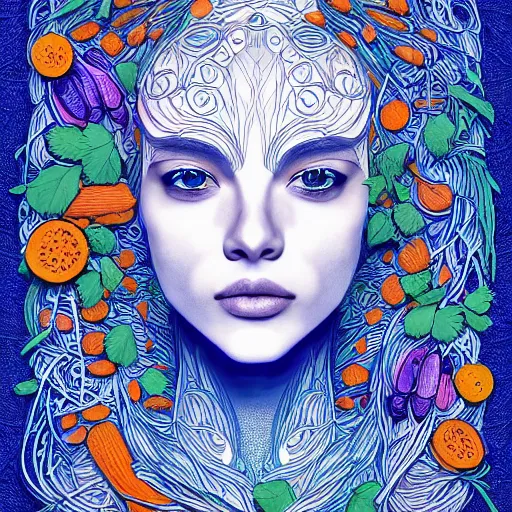 Image similar to the head of an incredibly beautiful woman partially made of carrots and blueberries, an ultrafine detailed illustration by james jean, final fantasy, intricate linework, bright colors, behance contest winner, vanitas, angular, altermodern, unreal engine 5 highly rendered, global illumination, radiant light, detailed and intricate environment