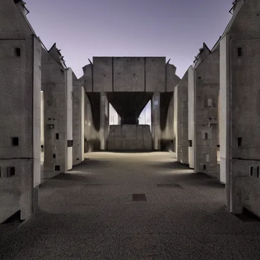 Prompt: a sci - fi brutalist castle built in brutalism architecture, diverse unique building geometry full of shapes and corners, photography at night