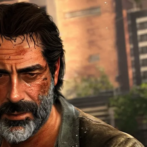 Prompt: Film still of Jeffrey Dean Morgan with long hair and beard, from The Last Of Us (video game)