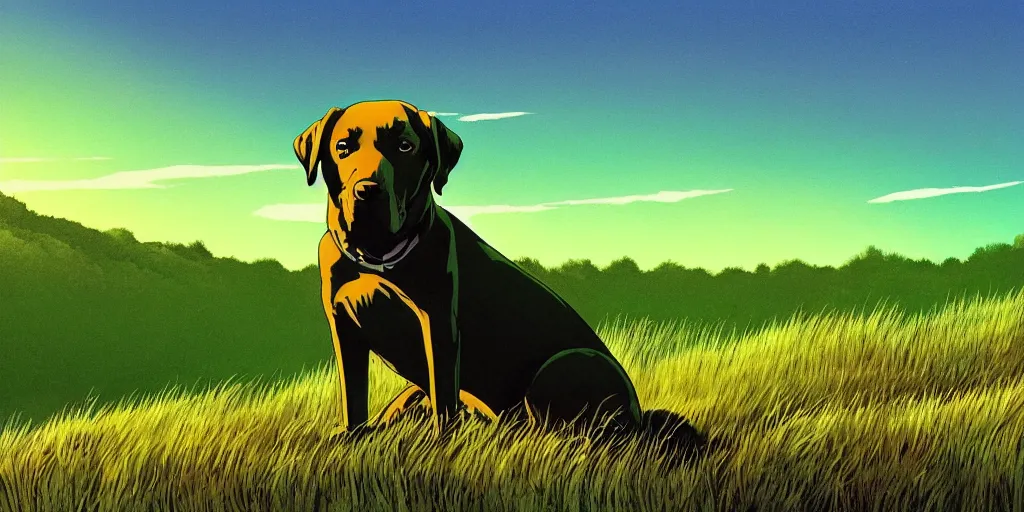 Prompt: hyperrealist, graphic novel illustration of a bulky green labrador retriever with shaggy green fur with green dye sitting on a grassy hill, with a red sky in the background, pulp 7 0's sci - fi vibes, 9 0's hannah barbara fantasy animation, cinematic, movie still, studio ghibli masterpiece
