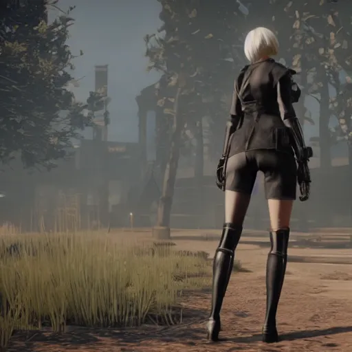 Image similar to Film still of 2B Nier Automata, from Red Dead Redemption 2 (2018 video game)