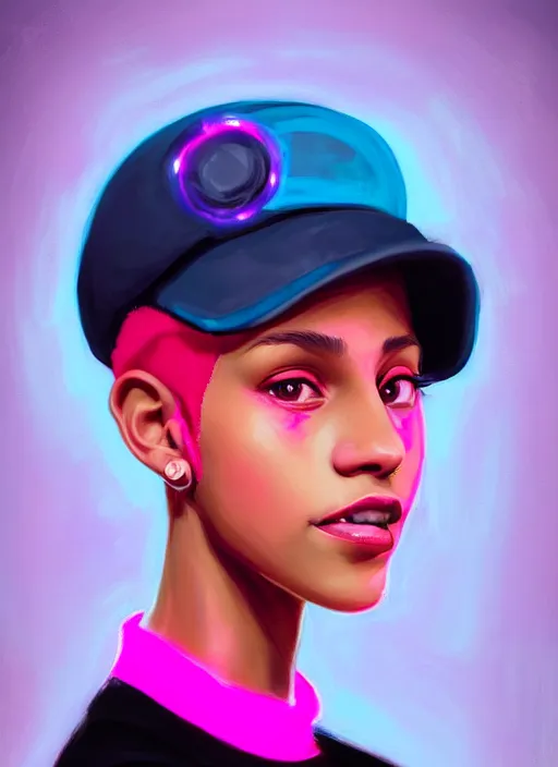 Image similar to portrait of teenage vanessa morgan with bright pink hair, black girl, curly pixie cut hair, wearing newsboy cap, pink short haircut, newsboy cap, hoop earrings, blue eyes, intricate, elegant, glowing lights, highly detailed, digital painting, artstation, concept art, smooth, sharp focus, illustration, art by wlop, mars ravelo and greg rutkowski