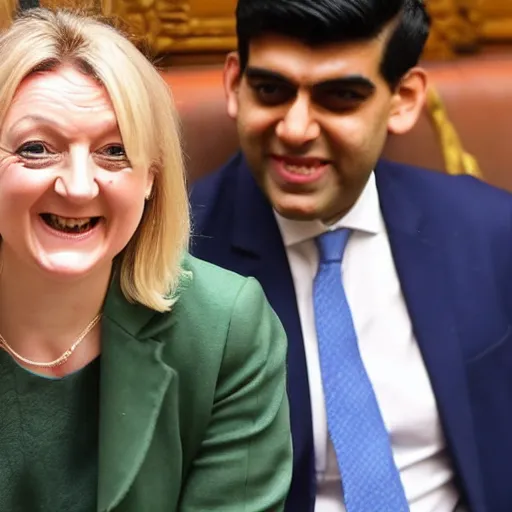 Image similar to Liz truss and Rishi sunak at parliament laughing with the devil. A demon joined the conservatives in parliament. Daily Telegraph.