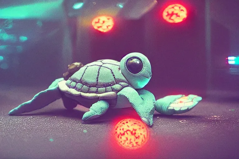 Image similar to cyborg stuffed turtle plushie in cyberspace, in 2 0 5 5, y 2 k cybercore, industrial low - light photography, still from a ridley scott movie