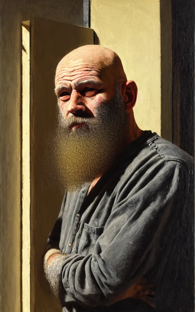 Prompt: realist painted portrait of a rugged bald middle aged man with greying beard standing in a darkened doorway, strong brushwork, natural lighting, vibrant earth tones