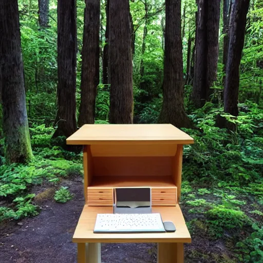 Prompt: A small desk in the middle of a forest by Studio Ghibli