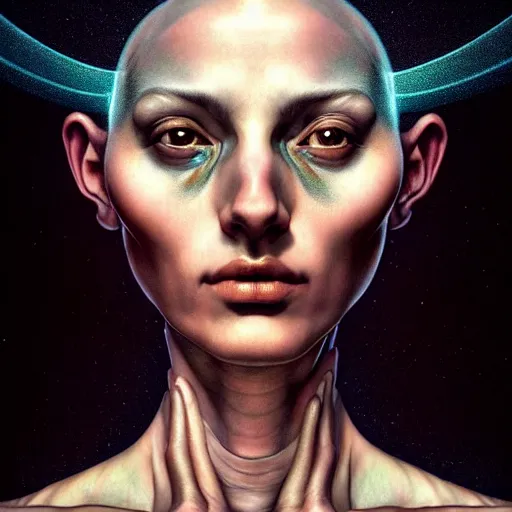 Image similar to Colour Caravaggio style Photography of Beautiful woman with highly detailed 1000 years old face wearing higly detailed sci-fi halo above head designed by Josan Gonzalez Many details. . In style of Josan Gonzalez and Mike Winkelmann andgreg rutkowski and alphonse muchaand Caspar David Friedrich and Stephen Hickman and James Gurney and Hiromasa Ogura. Rendered in Blender, volumetric natural light