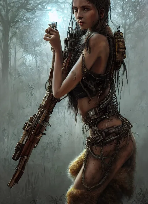 Prompt: portrait of a young very beautiful cute tribal woman with a steampunk gun, post apocalyptic city overgrown with lush vegetation, by Luis Royo, by Greg Rutkowski, dark, gritty, intricate, highly detailed face, backlit, strong rim light, cover illustration, concept art, volumetric lighting, volumetric atmosphere, sharp focus, octane render, trending on artstation, 8k