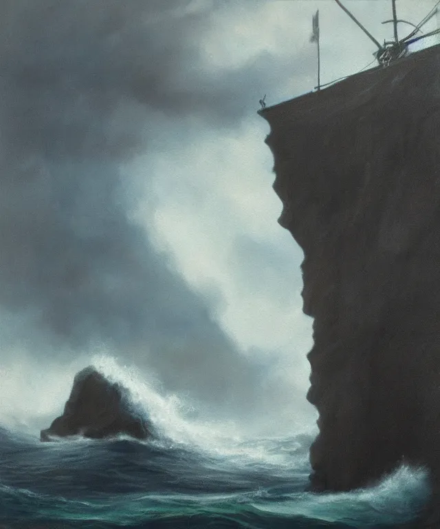 Prompt: photorealistic painting of a 1 9 2 5 seiner sailing near a tropical cliff with the mouth of a sea cave at the waterline, dark, brooding, atmospheric, lovecraft, horror, smooth, epic, highly detailed, cinematic, by lee gibbons