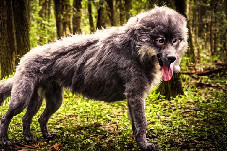 Prompt: canine werecreature, color photograph captured in the woods