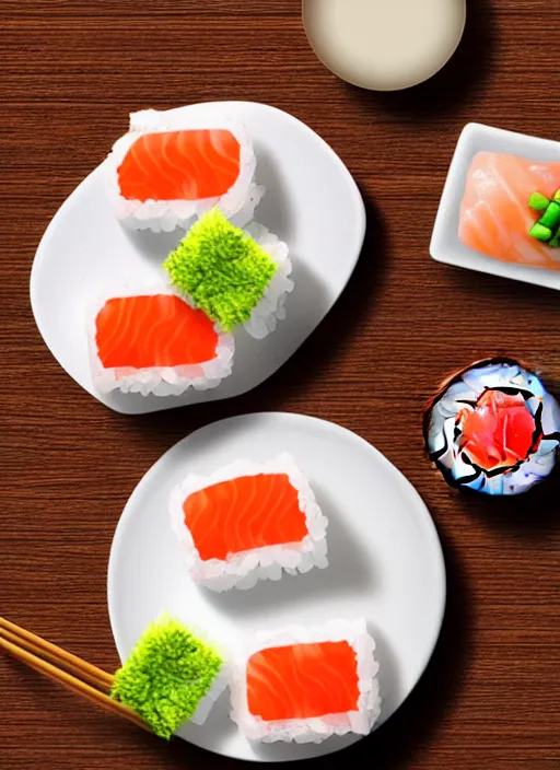 Image similar to clear photorealistic picture of simple cute cat paws pads made from sushi rice, sitting on sushi plates with garnish