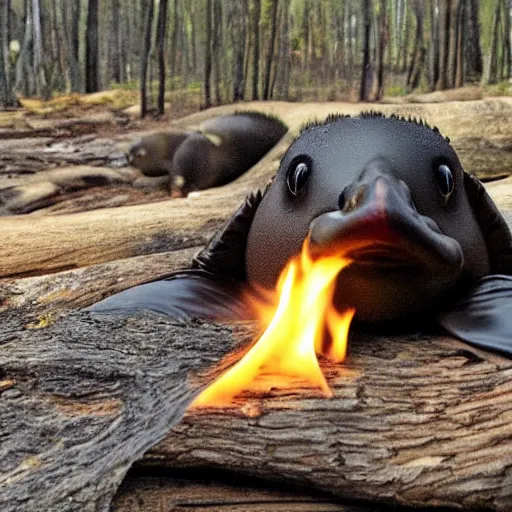 Image similar to a photo of crying platypus, whole burn burning in background