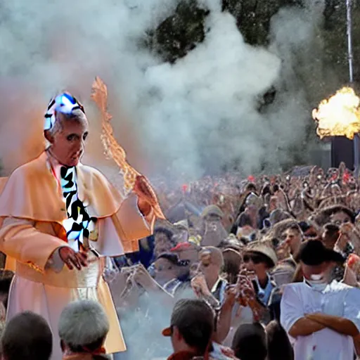 Prompt: a photo of the pope breathing out fire at a carnival sideshow