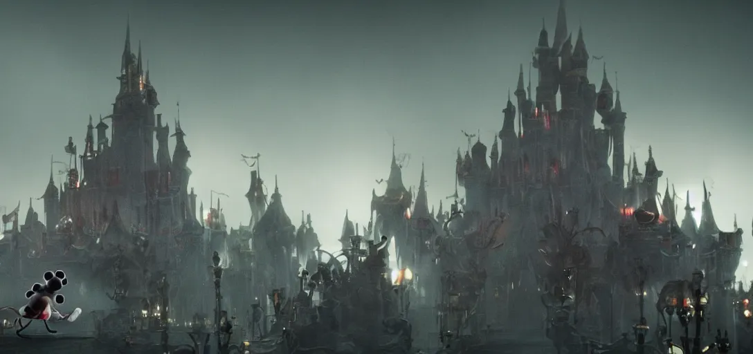 Image similar to evil epic mickey mouse walking out from epic temple, foggy, cinematic shot, photo still from movie by denis villeneuve, wayne barlowe