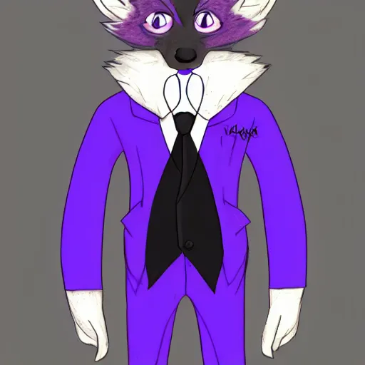 Image similar to colored pencil sketch of an anthropomorphic male purple fox furry fursona in a tuxedo with medium length black hair, handsome eyes, trending on artstation, furaffinity, posing with hands in pocket