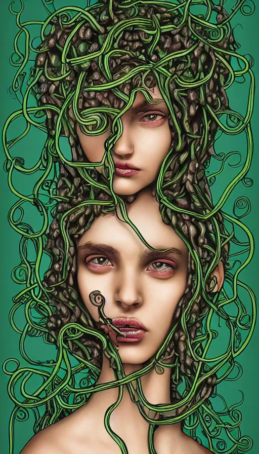 Image similar to very detailed portrait of a 2 0 years old girl surrounded by tentacles, the youg woman visage is blooming from fractal and vines, by jhonen vasquez