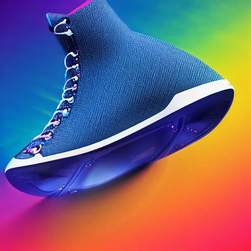 Prompt: futuristic balenciaga and vetements sneakers on gradient background, ultra rendered extreme realism and detail, 8 k, highly detailed, realistic, detailed texture, hyper realistic, photorealistic, sharp focus,