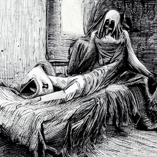 Prompt: a woman is lying in bed, asleep. suddenly, she wakes up to find a dark figure standing over her. it's a demon, come to take her soul! the woman screams and tries to run, but the demon is too fast. it catches her and drags her into the underworld, where she will be tortured for eternity.