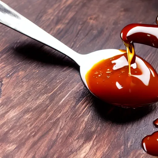 Image similar to beautiful viscous honey dripping on fork made of crimson - black metal, hyper realistic, award winning slow - motion food photography