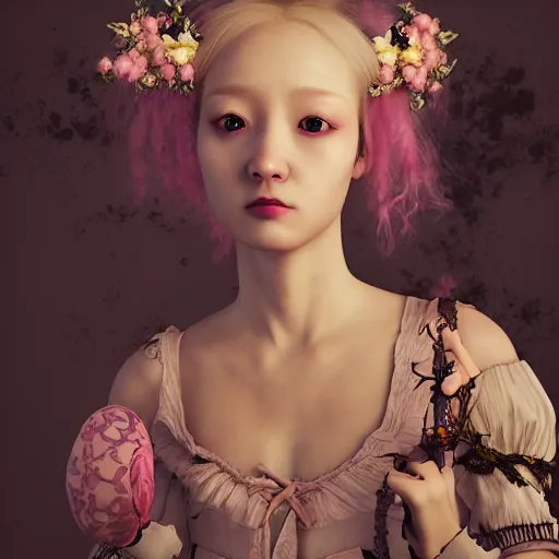 Image similar to 8 k, octane render, realism, tonalism, renaissance, rococo, baroque, cotton candy, portrait of a creepy young lady wearing long - harajuku manga - dress with flowers! and skulls