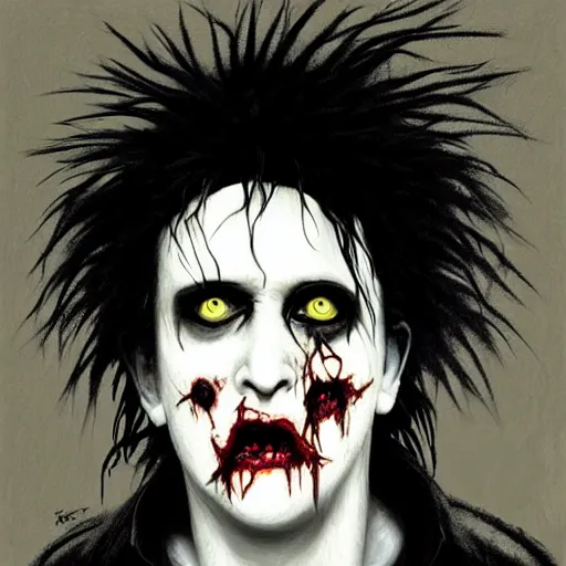 Prompt: early picture of robert smith from the eighties as a cute zombie, 7 days to die zombie, fine art, award winning, intricate, elegant, sharp focus, cinematic lighting, digital painting, 8 k concept art, art by z. w. gu, art by brom, art by michael hussar, 8 k