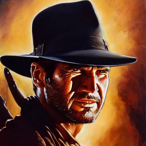 Prompt: ultra realistic portrait painting of indiana jones, art by frank frazetta, 4 k, ultra realistic, highly detailed, epic lighting