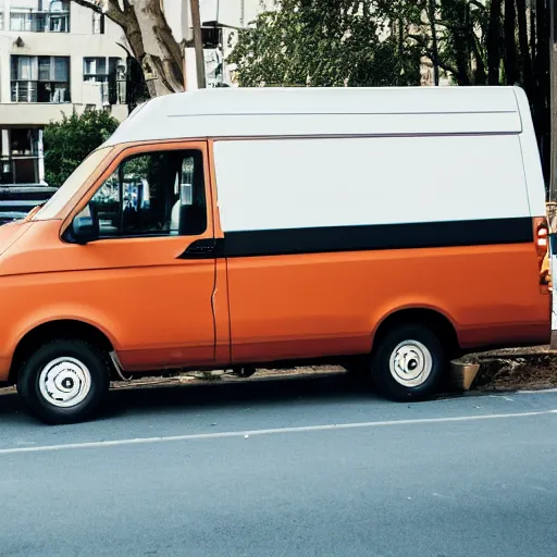 Prompt: A brown man parallel parks white work van, beeping, annoyed people