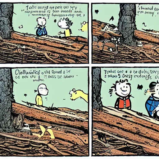 Prompt: John Calvin and Thomas Hobbes walking across a fallen log, cartoon, newspaper comic strip, by Bill Watterson.