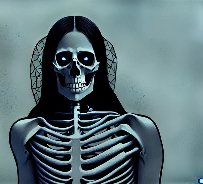 Image similar to skeleton jesus, noir, sharp focus, intricate, illustration, cell shaded, digital painting, highly detailed, matte, art by ilya kuvshinov, wlop, greg rutkowski, reflections, studio quality, james jean, artem demura