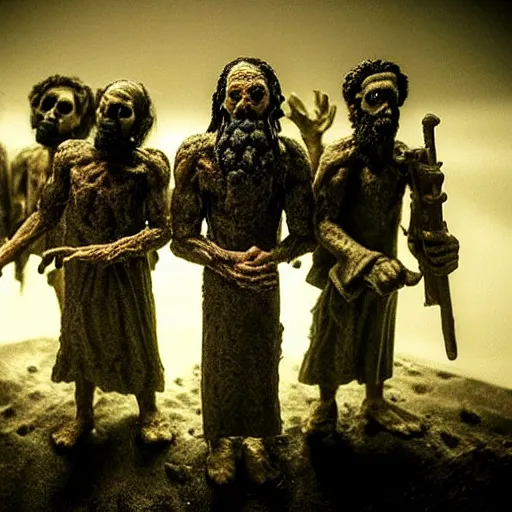 Prompt: the bible apocalypse, extremely detailed claymation art, extremely realistic, dark, moody, foggy