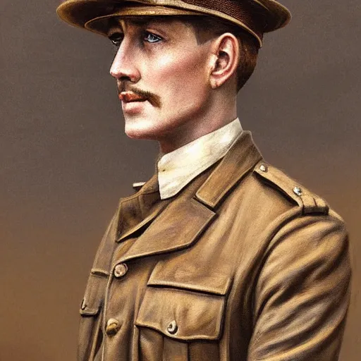 Prompt: a detailed photorealistic sepia - toned color portrait painting of a 1 9 1 7 worried clean - shaven british lieutenant in detailed field gear not wearing a hat in wadi rum, ultra realistic, painted, intricate details, lovecraft, atmospheric, dark, horror, brooding, highly detailed, by clyde caldwell