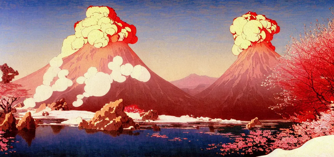 Prompt: ghibli illustrated background of a volcano erupting lava in a strikingly beautiful snowy landform with strange rock formations and red water, and cherry blossoms by vasily polenov, eugene von guerard, ivan shishkin, albert edelfelt, john singer sargent, albert bierstadt 4 k