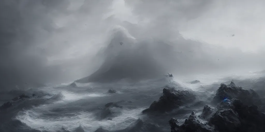 Prompt: sea of tumultuous and billowing white fog near the coast of the realm of shadows, low saturation, high contrast, mostly greyscale, in the style of marcin rubinkowski, greg rutkowski, lorenzo lanfranconi, oleg zherebin, trending on artstation