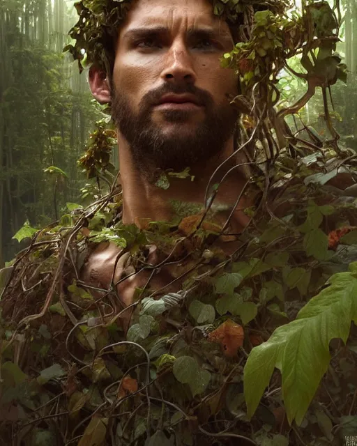 Image similar to god of the forest, 3 0 years old, rugged, male, gorgeous, detailed face, vines. forest, trees, flowers, amazing, muscular, intricate, highly detailed, digital painting, artstation, concept art, sharp focus, illustration, art by greg rutkowski and alphonse mucha